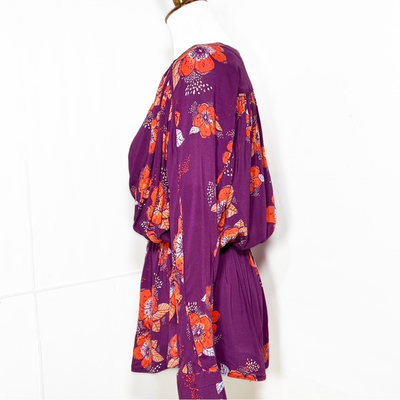 Free People Tropical Floral Print Faux Wrap Tie Sleeve Purple Peplum Blouse - Picture 8 of 15